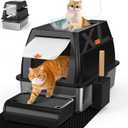 SZEE XL Stainless Steel Litter Box with Lid, Extra Large Metal Covered Litter Box, Stainless Box Easy Clean, Activated Charcoal Odor Control Design, Includes Litter Scoop & Mat & Step, Black