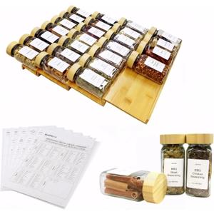 Spice Drawer Organizer with 28 Bamboo-lidded Spice Jars and 216 Labels,Non-slip Rubber, Bamboo 4 Tier Spice Racks Tray Seasoning Containers for Kitchen Drawers,Cabinets,13" Wide * 15.8" Deep