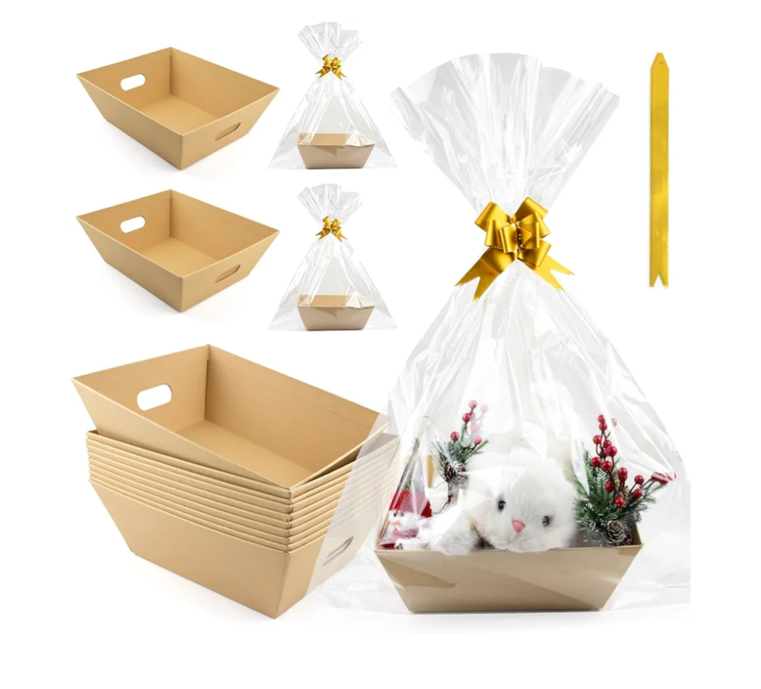10PACK Empty Gift Basket Set, 11.8x9.8” Thick Kraft Market Tray Gift Basket with 10 Bows 10 Bags Empty Gift Baskets for Christmas Thanksgiving Valentine Easter Wedding Birthday Party Gift Wrapping (Kraft)