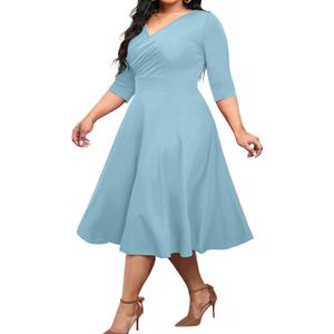 CLOCOR Women's Plus Size Midi Dress 3/4 Sleeve A-Line Swing Dress V Neck Flowy Casual Dresses 6 XL