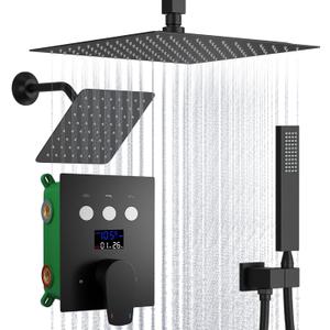 Dual Shower Heads Shower System with 12 Inch Ceiling Rainfall Shower Head and 8 Inch Side Shower Head Digital Display Shower Fixtures Luxury Shower Faucet Set,Matte Black