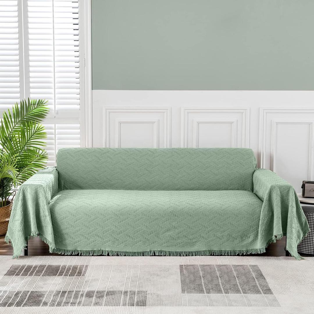 MEETSKY Green Couch Cover Sofa Slipcover for Sectional Sofa Covers Protector Universal Use Cotton Blend Thick Fabric Washable, Woven Texture Modern Design for Living Room, 91" x 150", Sage