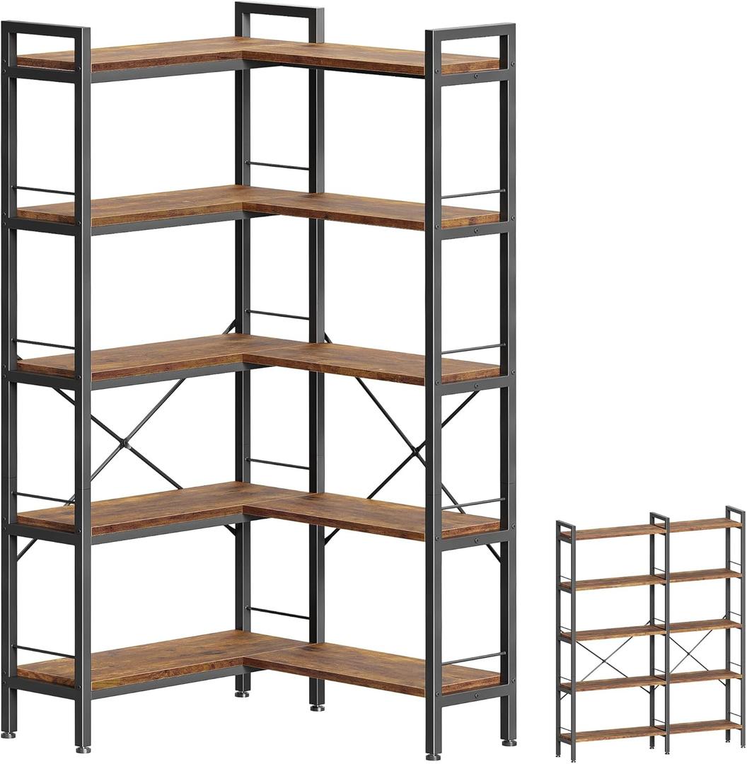 Huuger 5 Tier Bookshelf, L Shaped Corner Bookshelf with 10 Open Shelves, 49.4 Inch Straight Wide Bookcase with Metal Frame and Wooden Board, Adjustable Feet, Rustic Brown