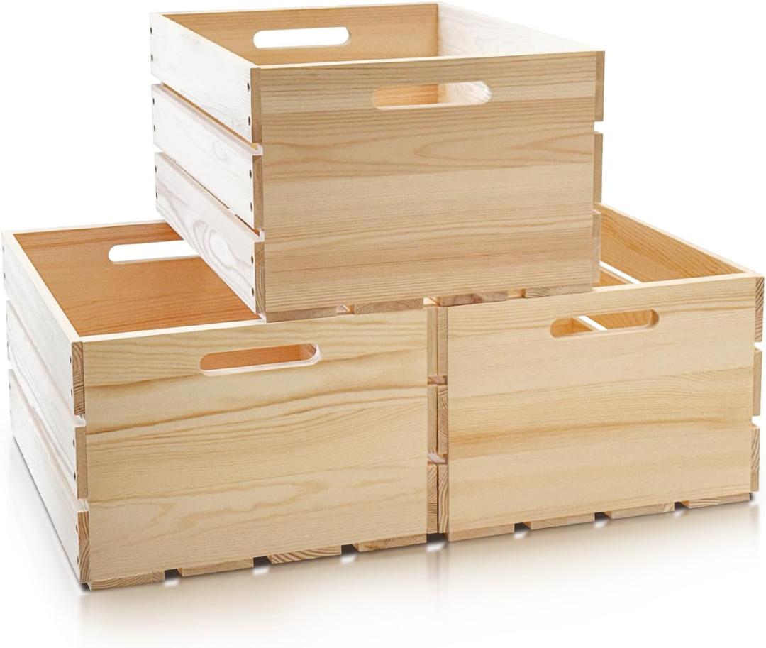3 Pack Large Wooden Crates with Handles, Natural Solid Pine Wood Crates for Storage, Decor, Wooden Milk Crate for Farmhouse, Vinyl Record Storage Crate