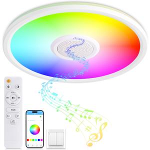 RGB LED Ceiling Light, with Bluetooth Speaker, 24W 11Inch Smart Music Ceiling Lamp with App and Remote Control, 3000K-6500K Color Changing Lights Fixture for Child Bedroom Bathroom, White