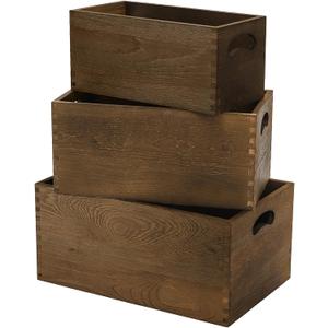 Hedume Set of 3 Nesting Wooden Crates, Wood Crate Box with Handle, Rustic Brown Decorative Wood Storage Crates Container, Stackable Cube Basket Bins Organizer for Home, Office, Closet, Shelf