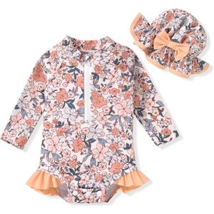 Aalizzwell Baby Girls Long Sleeve One Piece Swimsuit with Hat (0-3 Months)