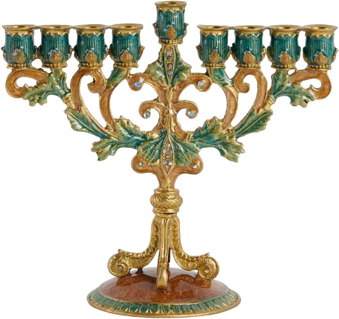 NIKKY HOME Hanukkah Menorah, Metal Jewish Candle Menorah, Artistic Candles Holder Fits All Standard Chanukah Candles Antique Design for Spiritual, Religious & Home Decor - Green