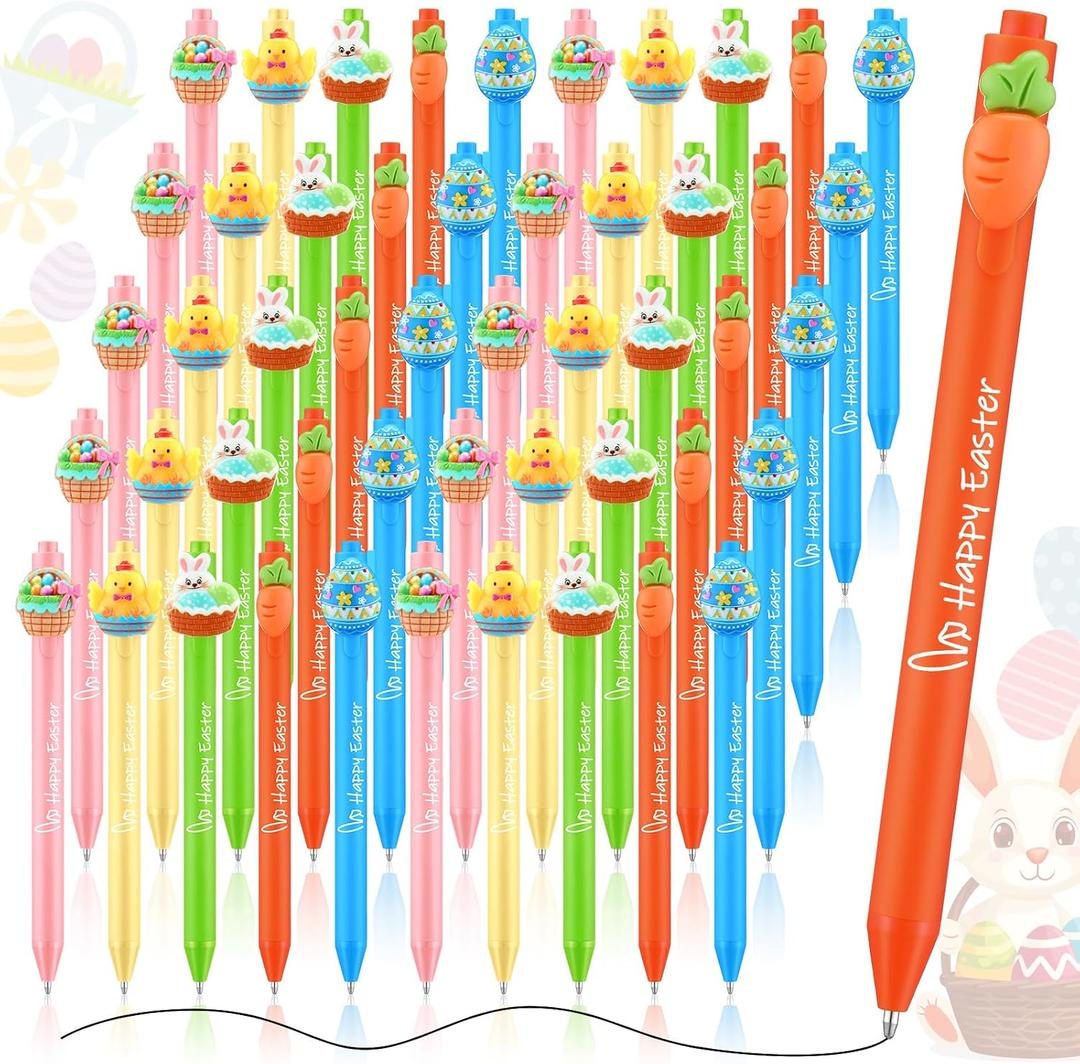 Watersay 50 Pcs Easter Bunny Pens Ballpoint Pen Bulk 5 Colors Gel Ink Cute Cartoon Ballpoint Pen Funny Aesthetic Pens for Office Party Supplies Goodie Bag Stuffers