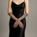 Rhinestone Long Fishnet Gloves, Arm Sleeves Elbow Mesh Rave Sparkly Gloves Costume Accessories for Women Evening Prom (Black)