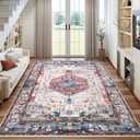 Washable Area Rugs for Living Room, Red 4x6 Non Slip Vintage Floral Room Rug for Bedroom, Low Pile Indoor Carpet for Dining Room, Home Office, Kitchen, Dorm