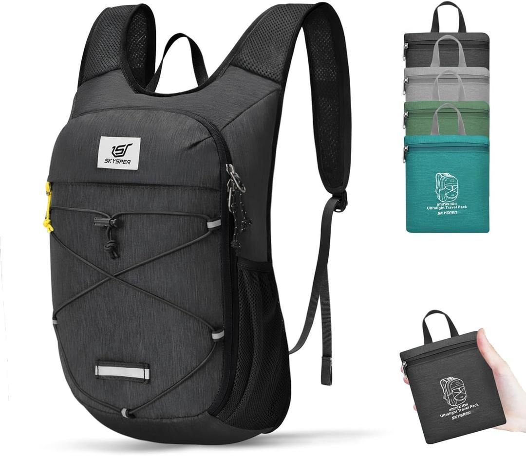 SKYSPER Foldable Hiking Backpack - 10L Small Lightweight Daypack Breathable Travel Backpacks for Men Women (Black)
