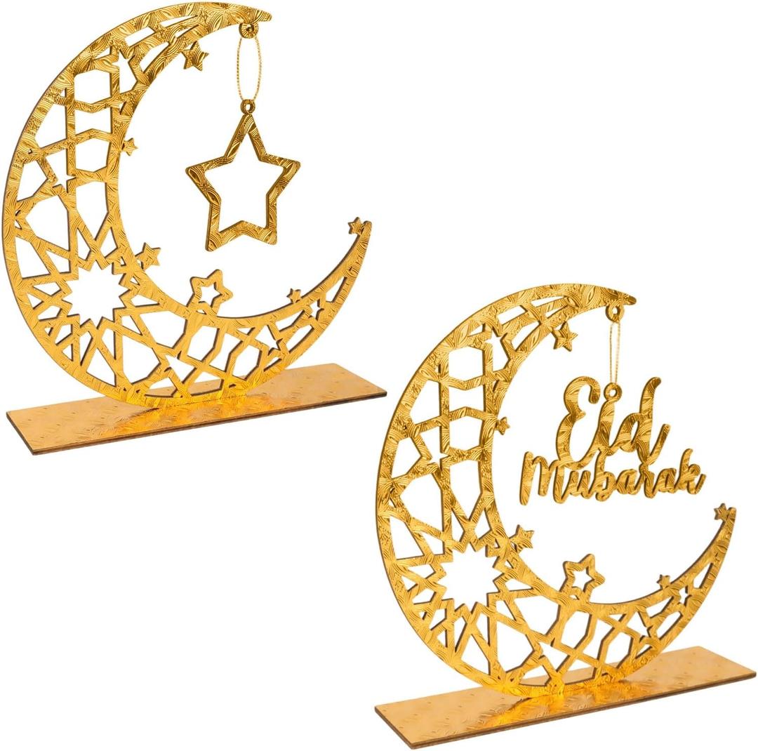 Ramadan Decorations Islamic, 2-Piece Golden Wooden Eid Mubarak Table Sign with Hollow Moon & Star, Muslim Home Party Decor for Ramadan Eid Gift, 8x7.67 Inch