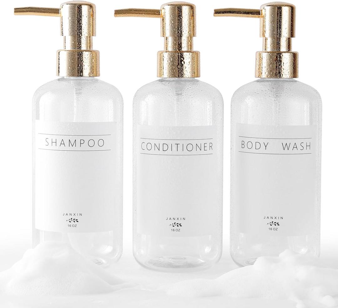 Shampoo and Conditioner Dispenser Set of 3,Modern Refillable 16oz Shampoo and Conditioner Bottles with Pump,Stylish Shower Soap Dispenser with Waterproof Labels for Bathroom(Clear)