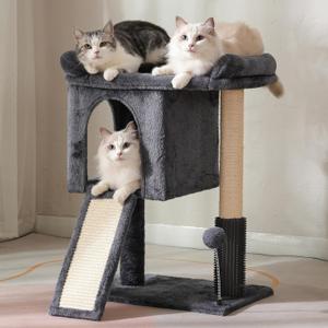 Cat Tree for Large Cats with Scratching Post, Small Cat Tower with Spacious Top Bed 20x13.8 Private Cat Condo and Ramp and Self Groomer and Spring Ball-Dark Grey