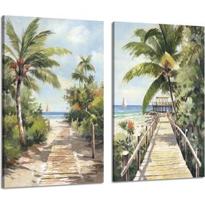 ARTISTIC PATH Tropical Beach Canvas Wall Art - Palm Tree Pictures Ocean View Paintings Coastal Ocean Scenery Seaside Prints House Decor Artwork for Bedroom (16L" x 24W")