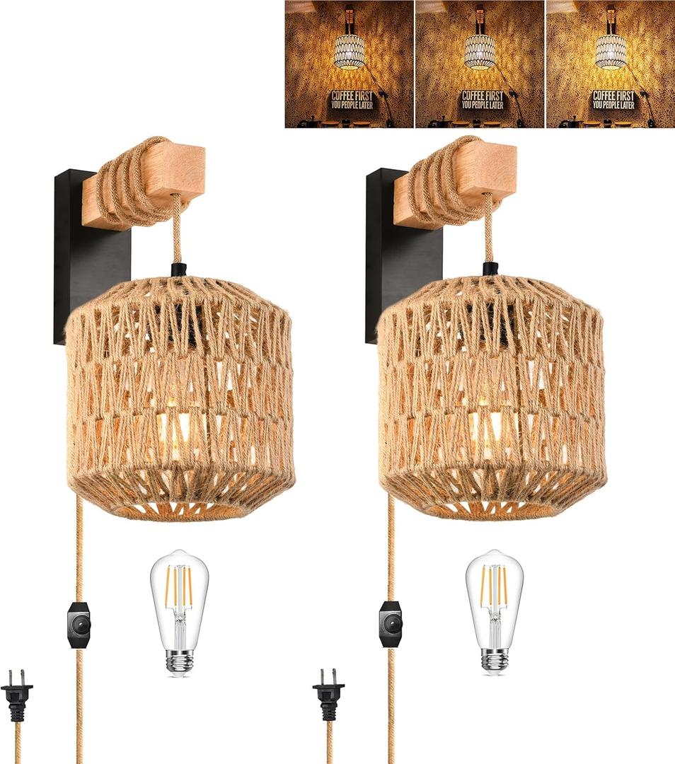 Rattan Wall Sconce Set of Two Boho Wall Lights for Bedroom Wicker Wall Lamp Plug in Wall Sconces for Bedroom Living Room