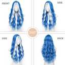 YBYMCAI Blue with White Highlights Wig Long Wavy Wigs for Women Middle Part 26 inch Natural Curly Synthetic Wig Heat Resistant Fiber Wigs for Daily Party Use