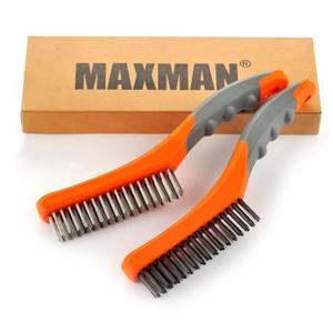 MAXMAN Wire Brush Set, Heavy Duty Stainless Steel and Carbon Steel Wire Brushes for Cleaning Rust, Grill, Dirt, Paint Removal, Welding, Stiff Bristle Metal Brush with 10" Plastic Handle, Large, 2Pcs