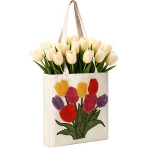 Sadnyy Embroidery Spring Tote Bag for Women Cute Canvas Floral Tote Bag Aesthetic Tulip Reusable Grocery Bags with Handles for Shopping Grocery Beach Book Gift Gym Spring Decor