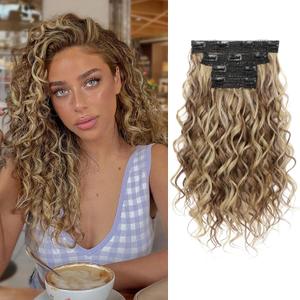 REECHO Curly Hair Extensions, 4PCS 16 inch Clip in Hair Extensions Lace Weft Short Curly Extension Clip Ins Invisible Natural Hairpieces for Women, Brown with Deep Blonde Highlights