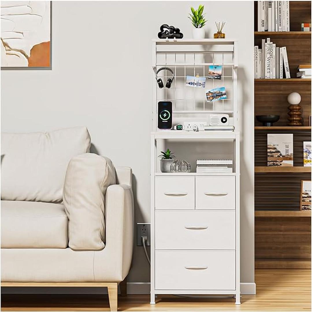 YGYQZ 53'' Tall Nightstand with Charging Station, Bedside Table with LED Lights, End Table with 4 Drawers and Storage Shelves, Night Stand with Pegboard for Bedroom, White