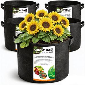 5 Pack 10 Gallon Thickened Grow Bags, Aeration Nonwoven Fabric Planting Bags with Handles, Heavy Duty 300G Garden Planter Pot for Tomato, Potato, Strawberry, Vegetable, Fruits and Flowers