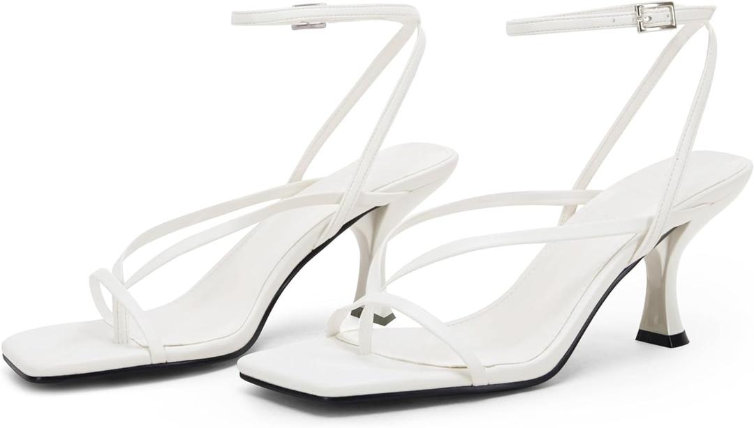 PiePieBuy Women's Lace Up Heeled Sandals Square Flip Flop High Heels Strappy Party Shoes (6.5, White)
