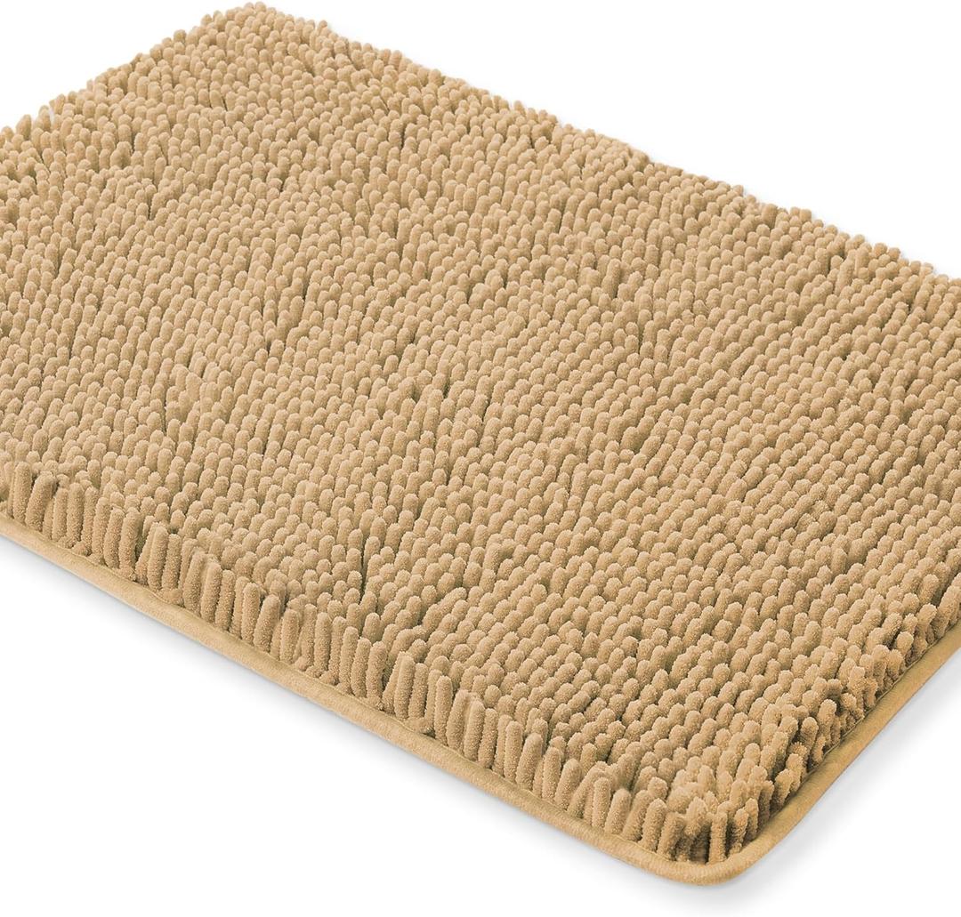 Yeaban Beige Bathroom Rugs – Thick Chenille Bath Mats | Absorbent and Washable Bath Rug Non-Slip, Plush and Soft Rugs for Bathroom, Kitchen, Shower, Sink - 16" x 24"