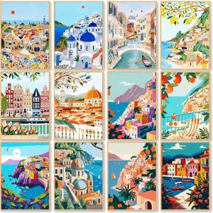 12 Pack Paint by Numbers Kit for Adults Beginner Scenery-Cityscape DIY Acrylic Paint by Numbers Kits On Canvas Without Frame Pre Drawn Canvas to Paint for Adults for Home Wall Decor 9.8x13.8inch