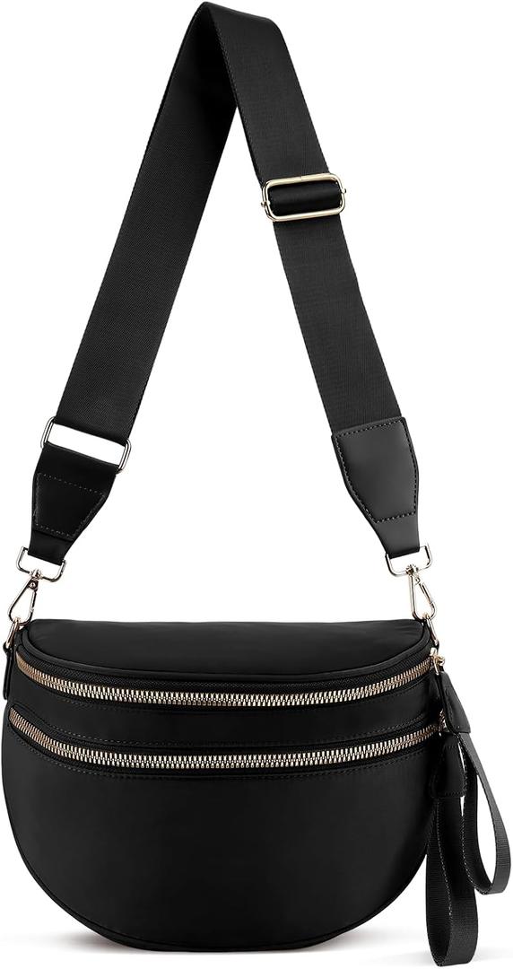 Bum Bags for Women Nylon Crossbody Bag Solid Spacious Cresent Sling Belt Half Moon Purse with Adjustable Strap Trendy Satchel