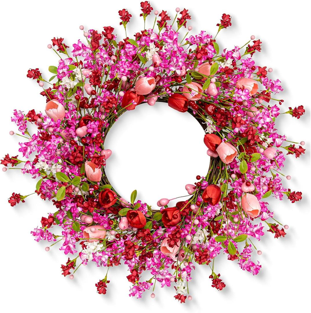22 Inches Valentine Wreath Red Valentines Wreaths for Front Door Valentine's Day Flower Wreath with Tulips Heart Berry for Window Porch Indoors Outside