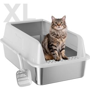 Stainless Steel Cat Litter Box XL for Big Cats, High-Sided Design Prevents Urine Leakage, Non-Stick, Easy to Clean, Includes Scoop, Gray