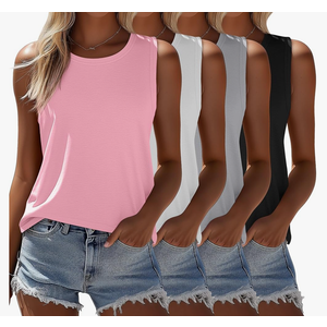Ficerd 4 Pack Women's Sleeveless Tops, Casual Summer Loose Fit T Shirts Solid Color Tunic Tank Tops Ladies' Crew Neck Tee, XXL