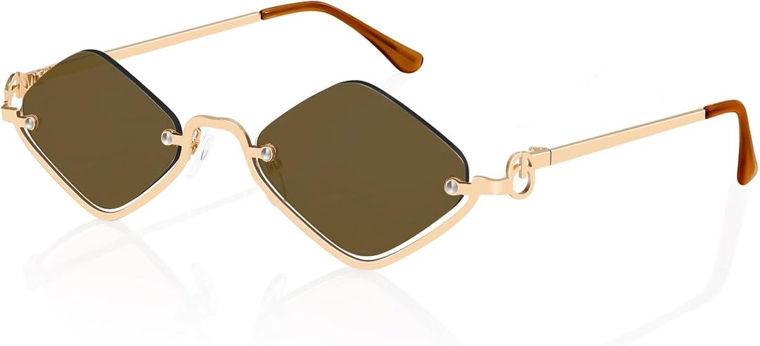 TYA Retro Y2k Sunglasses for Women Men,Trendy Semi-Rimless Sun Glasses Irregular Narrow Gold Sunnies UV400 (Gold Frame - Tan Lens)