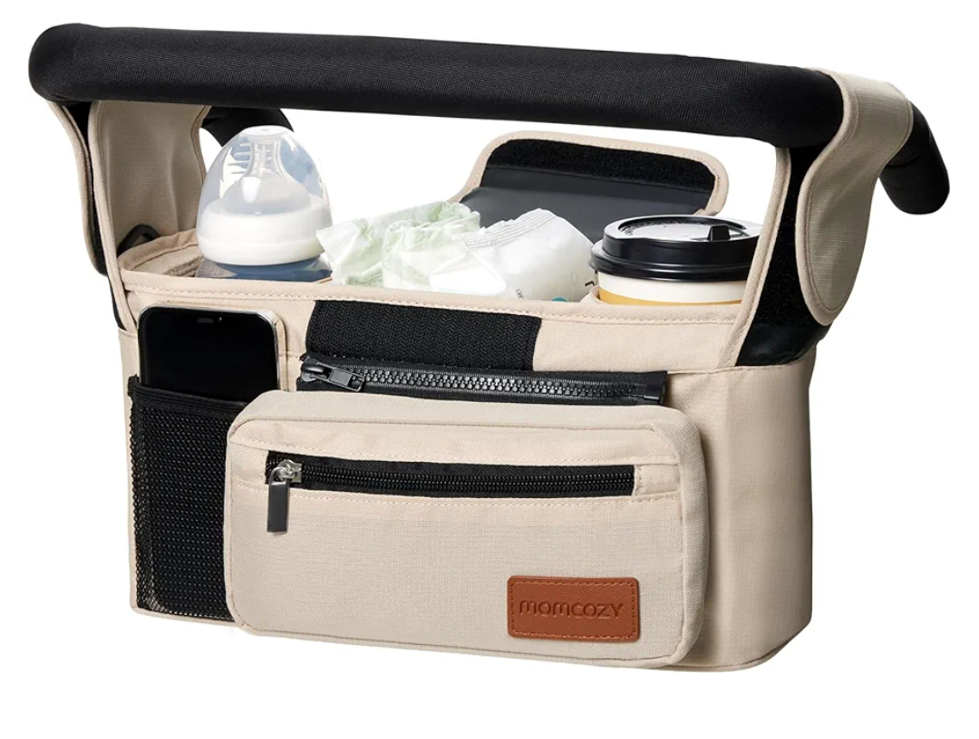 Momcozy Universal Baby Stroller Organizer, 2 Insulated Cup Holder, Detachable Zippered Pocket, Adjustable Shoulder Strap, Large capacity for baby essentials, Compact Design Fits Any Strollers