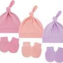 3-Pack Newborn Hats Mittens Sets Baby Boys Preemie Hat Hospital Caps for Baby Girls 0-6 Months (Pink)