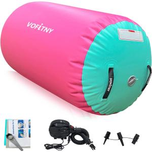 VOFiTNY Inflatable Gymnastics Air mat Tumbling Track with Air Barrel Octagon Mat with Pump for Home/Gym (4'L x 2.5'D, Pink/Mint)