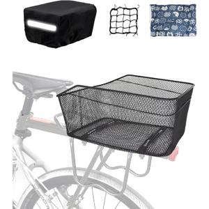 Rear Bike Basket, Tool-Free Install, Dog/Pet Carrier, Ebike Electric Bicycle Back Cargo Basket, Fits Most Rear Racks, with Waterproof Cover, Cargo Net