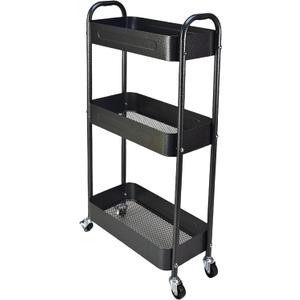 3 Tier Slim Metal Rolling Storage Cart for Laundry Room & Kitchen Organizer, 7.1'' Thin Standing Shelf for Narrow Spaces, Utility Cart with Wheels & Lockable Casters for Bathroom, Black
