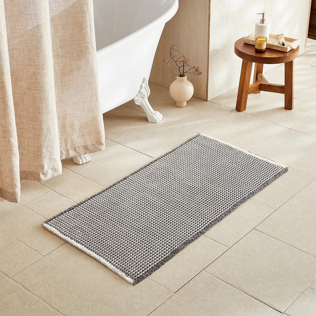 TYUU Waffle Bath Mat, Boho Bathroom Rugs Non Slip Washable Super Absorbent Quick Dry Bath Mat Farmhouse Bathroom Decor, 48"x24" Grey and White