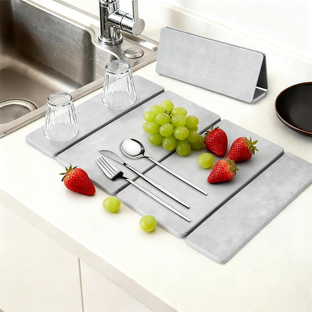 Stone Dish Drying Mat for Kitchen Counter24x16 Collapsible Diatomaceous Earth Mats Quick Drying Absorbent Dish Mat,Non-Slip Countertop & Bath Mat for Dishes Cups Bottles,Light Gray