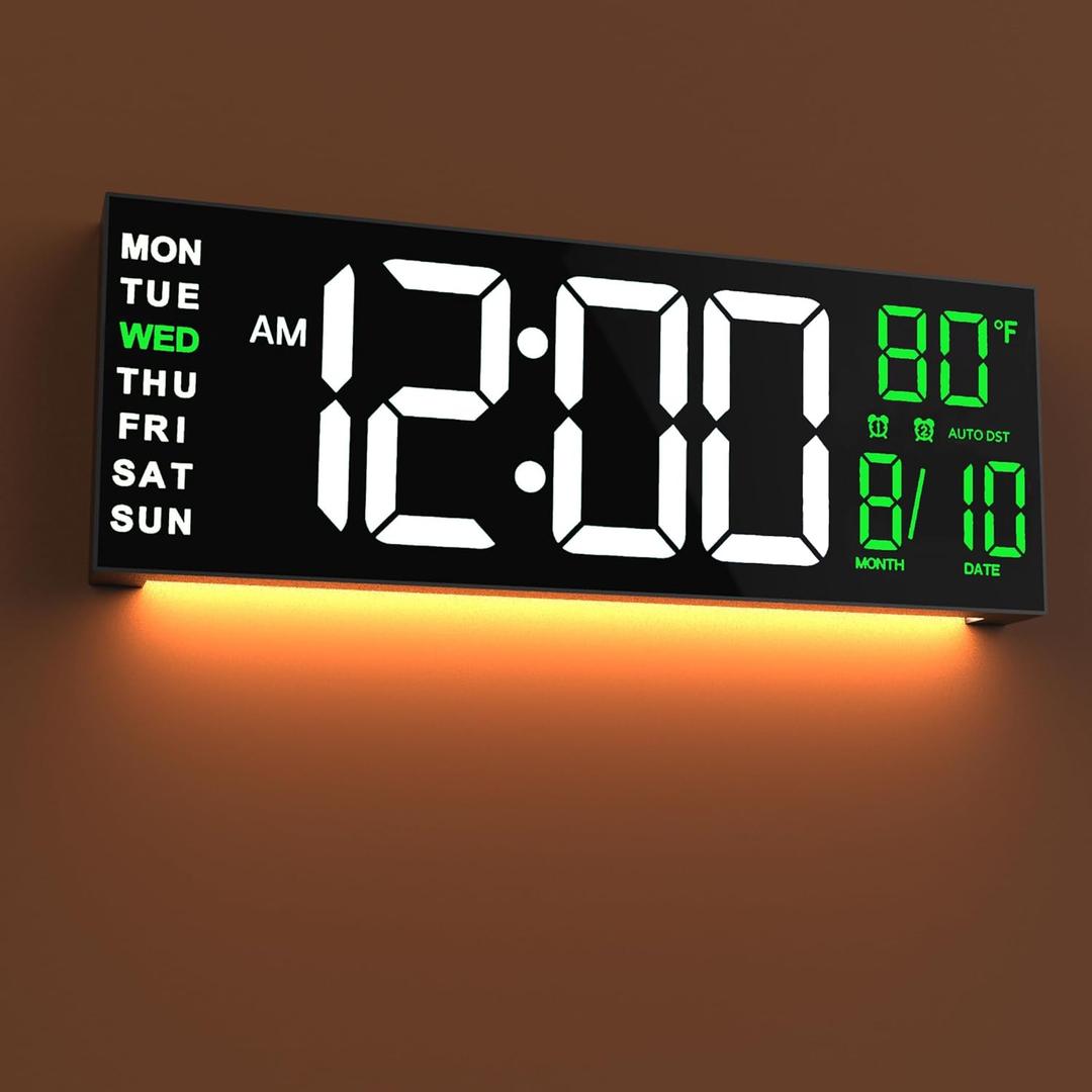 JALL 16" Large Digital Wall Mount Clock, Count Down Timer, Alarm, Big LED, RGB Color, DST, Temperature for Living Room Classroom Desk, Xmas, Birthday Gift for Senior Mom Dad (White Green, 16 inches)