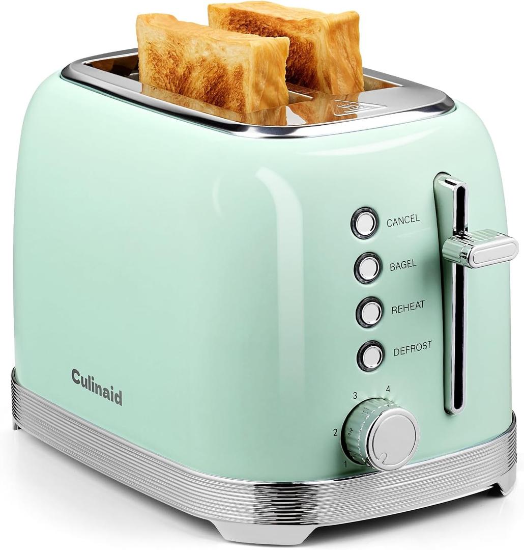 Toaster 2 Slice Retro Stainless Steel with 1.5 Extra Wide Slots Bagel, Defrost, Reheat, Cancel Functions, 6 Bread Shade Settings, Removable Crumb Tray, Aqua Green