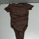 OQQ Women Short Sleeve Bodysuit Square Neck Tummy Control Shapewear Mesh Ruched One Piece Leotard Shirts Going Out Tops (Small, Darkbrown)