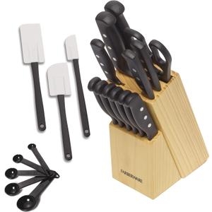 Farberware 22-Piece Never Needs Sharpening Triple Rivet High-Carbon Stainless Steel Knife Block and Kitchen Tool Set, Black, Durable AND Precision Cutlery
