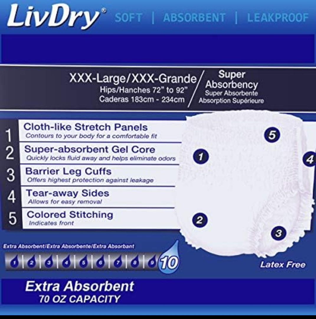 LivDry Adult Incontinence Underwear, Overnight Comfort Absorbency, Leak Protection (XXX-Large (44 Count))