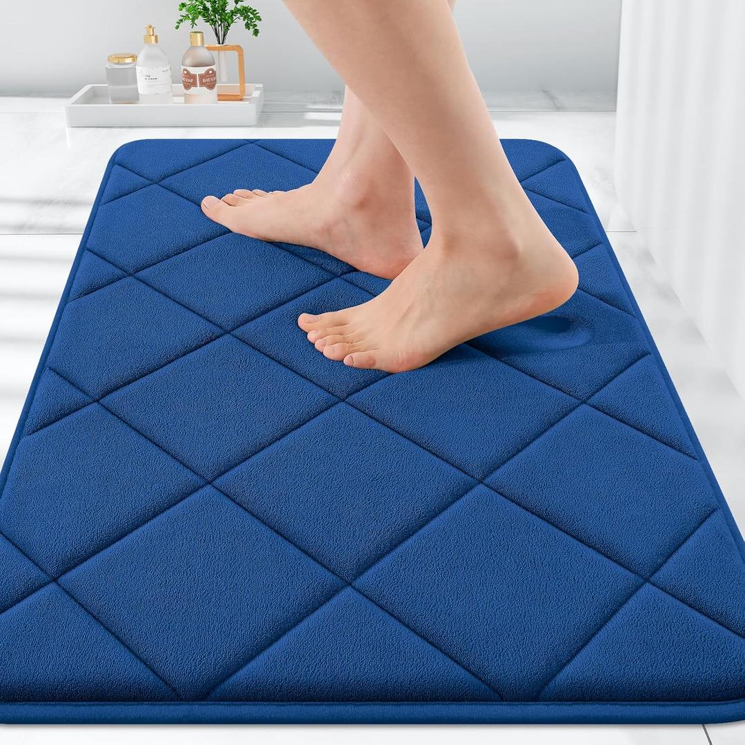 OLANLY Memory Foam Bath Mat 30x20, Ultra Soft and Absorbent Bathroom Rugs, Machine Washable, Comfortable Bath Carpet for Bathroom Floor, Tub and Shower, Navy