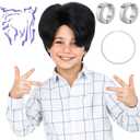 Short Black Synthetic Hair Costume Wig with Ear Clips, Necklace and 2 PCS Tattoos Natural Looking Cosplay Wigs for Halloween Party, Cosplay Events (Black)