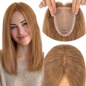 Elailite Human Hair Toppers for Women Real Human Hair Thinning Thin 9 * 12CM Silk Base Clip in Remy Hairpieces Hand-Tied 16 Inch Light Brown